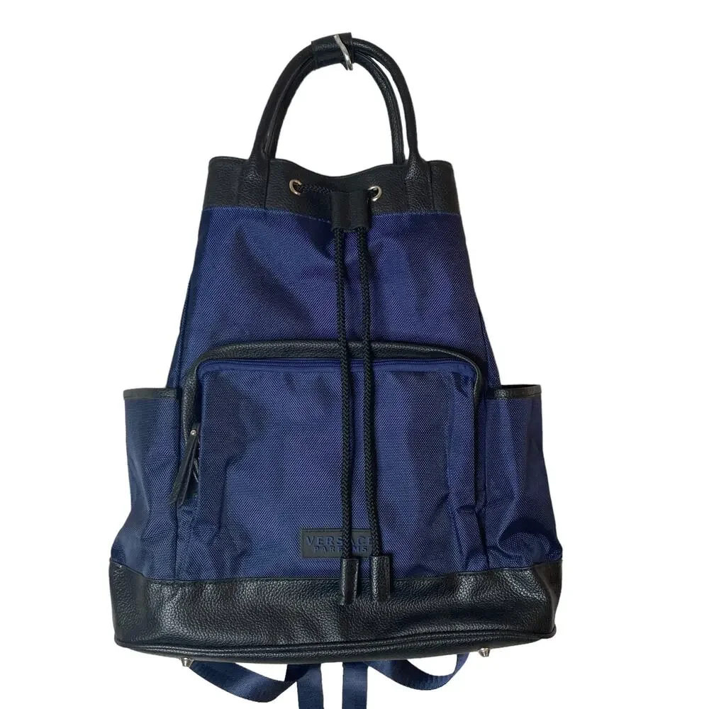 Versace Parfums Mens Back Pack Blue Nylon Leather New COA